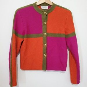 Vintage St. John by Marie Gray Knit Cardigan Sweater Colorblock Retro Size 4 VTG